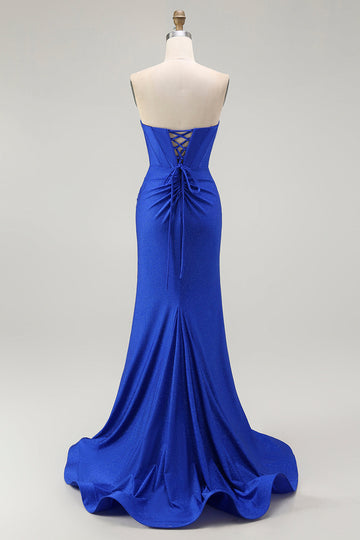 Sparkly Royal Blue Mermaid Corset Sweetheart Beaded Long Formal Dress with Slit